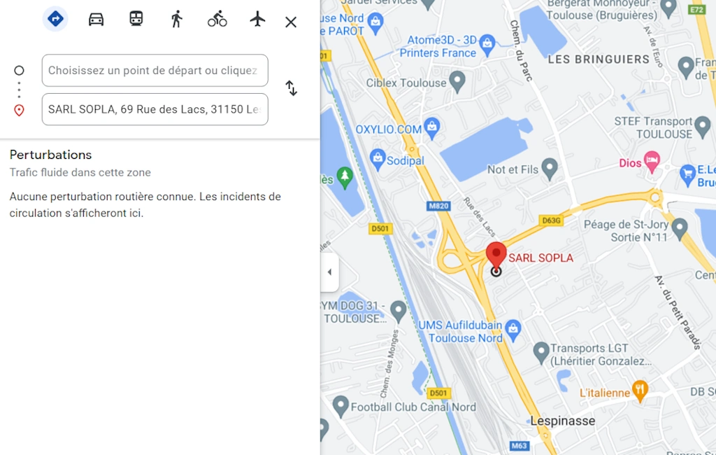 itinéraire google maps Sopla au 69 rue des lacs à Lespinasse